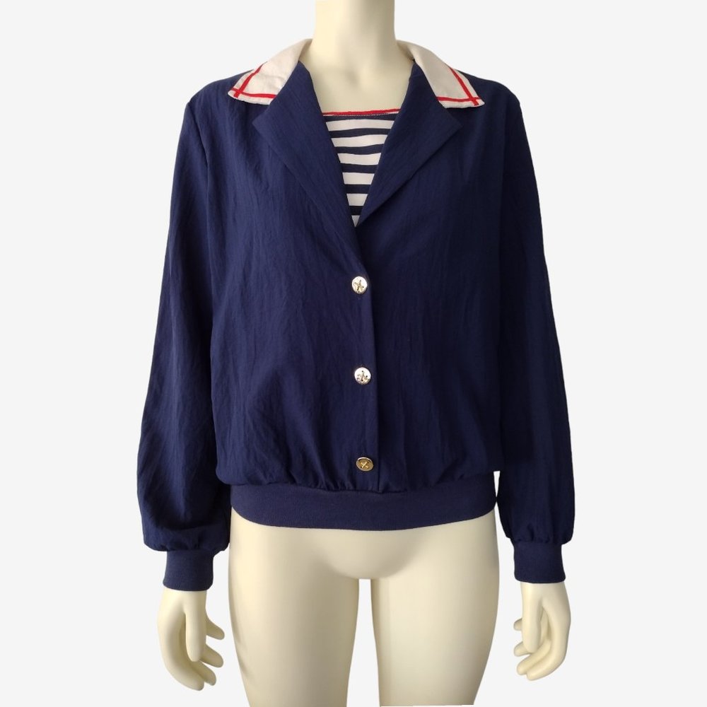 Vintage 1970s Navy Blue Nautical Striped Pullover Windbreaker Blouse M /L